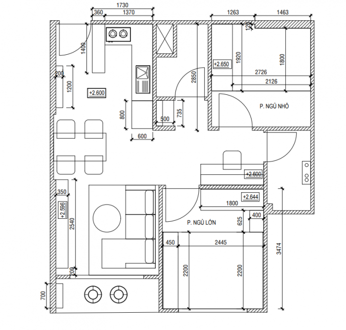 Mẫu thiết kế nội thất căn hộ 62m2 với 2 phòng ngủ